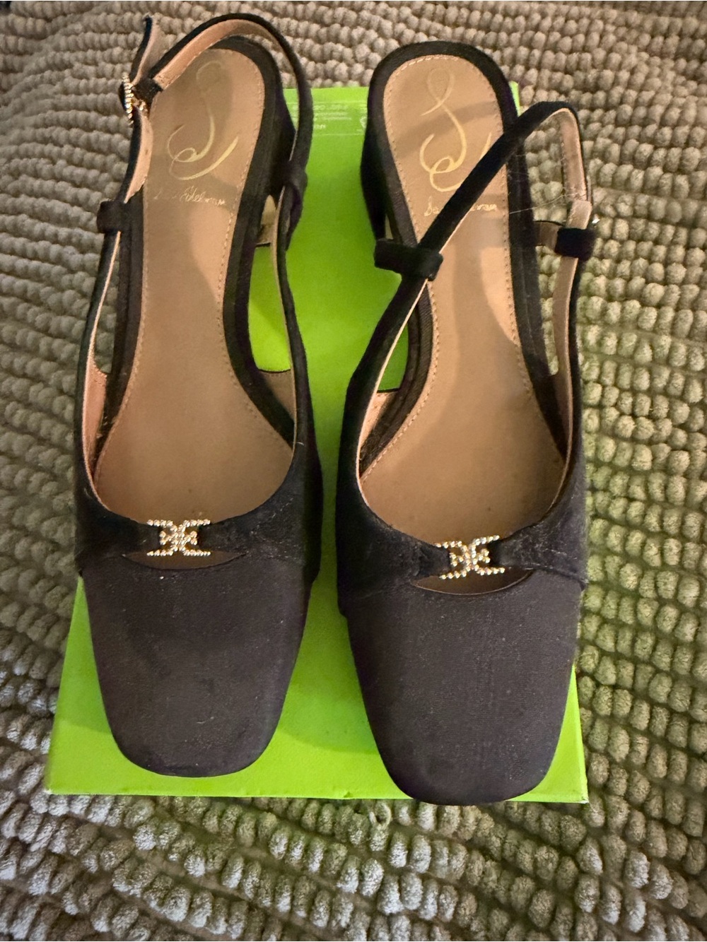 Sam Edelman Black Slingback Mules with Rhinestone Logo